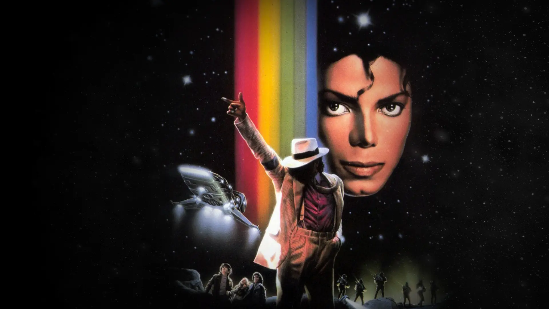 Carátula del videojuego de Michael Jackson Moonwalker donde le vemos a él con el brazo levantado y su cara sobre un fondo de estrellas y otros elementos.