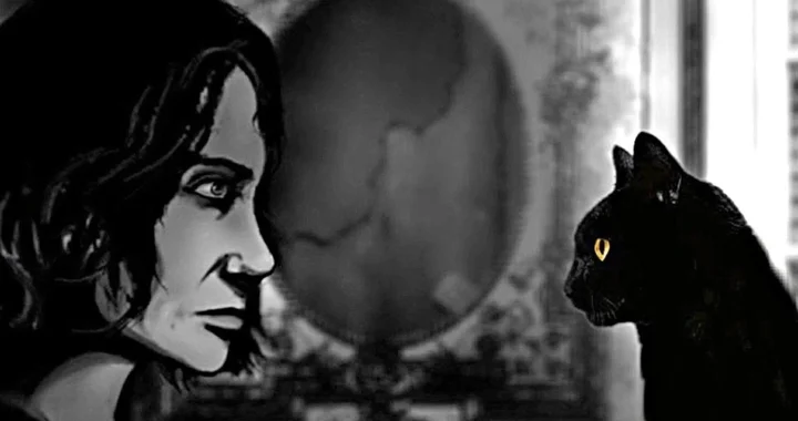 Una mujer observando fijamente a un gato en una estampa en blanco y negro del videojuego The Cat Lady.