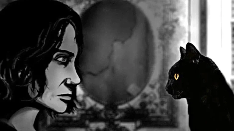 Una mujer observando fijamente a un gato en una estampa en blanco y negro del videojuego The Cat Lady.