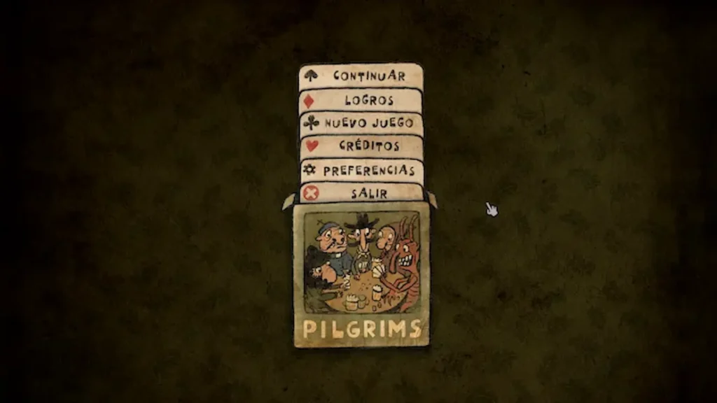 Menú principal de Pilgrims en forma de baraja de cartas con personajes grotescos reunidos en una taberna.