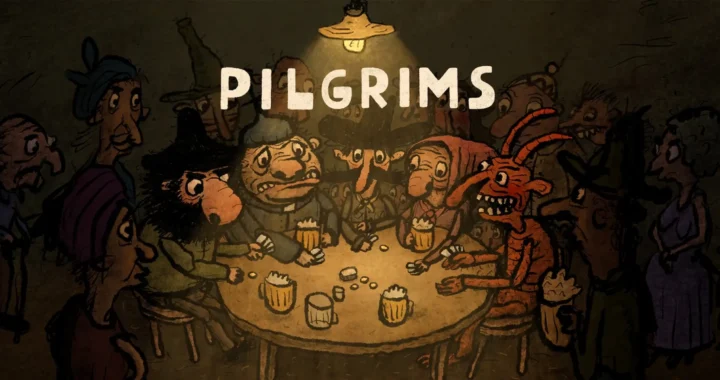 Personajes estrafalarios y un diablo reunidos en una mesa de taberna en la pantalla de título de Pilgrims.