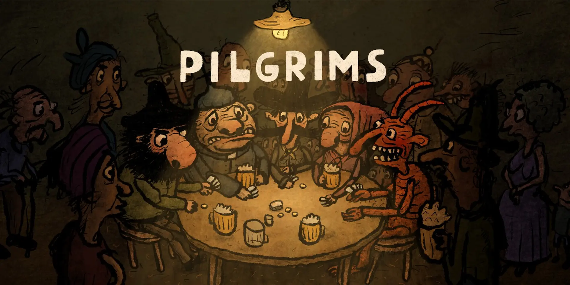 Personajes estrafalarios y un diablo reunidos en una mesa de taberna en la pantalla de título de Pilgrims.