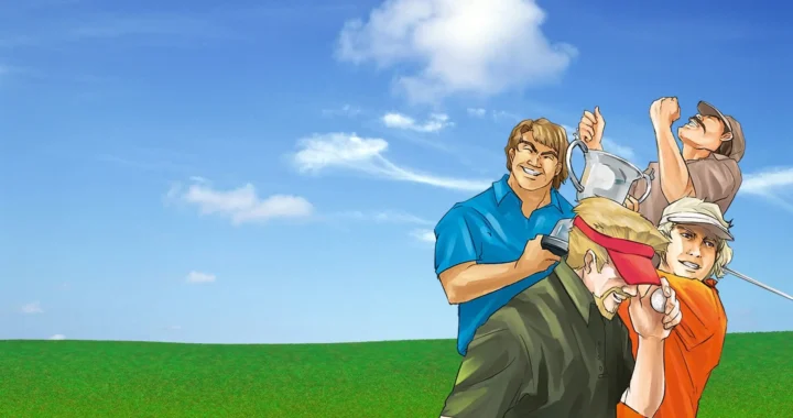 Varios golfistas celebrando su victoria ante un campo verde y un cielo azul en el juego Neo Turf Masters de Neo Geo.