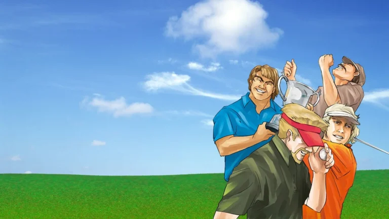 Varios golfistas celebrando su victoria ante un campo verde y un cielo azul en el juego Neo Turf Masters de Neo Geo.