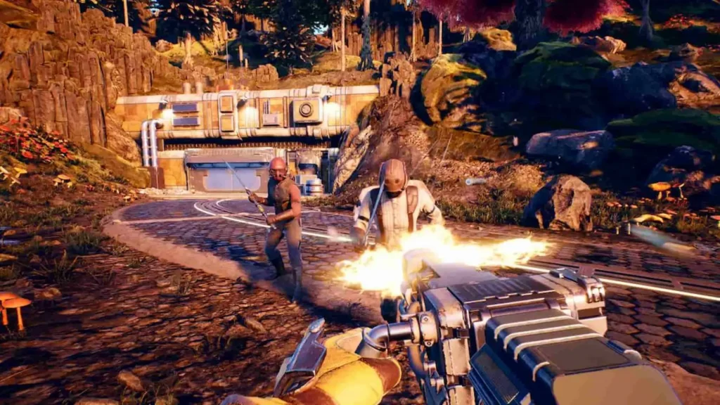 Combate en primera persona disparando una ametralladora pesada contra enemigos humanos en un camino de The Outer Worlds.