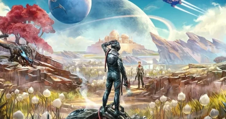 Explorador espacial de The Outer Worlds mira un vibrante horizonte alienígena con criaturas y planetas en el cielo.