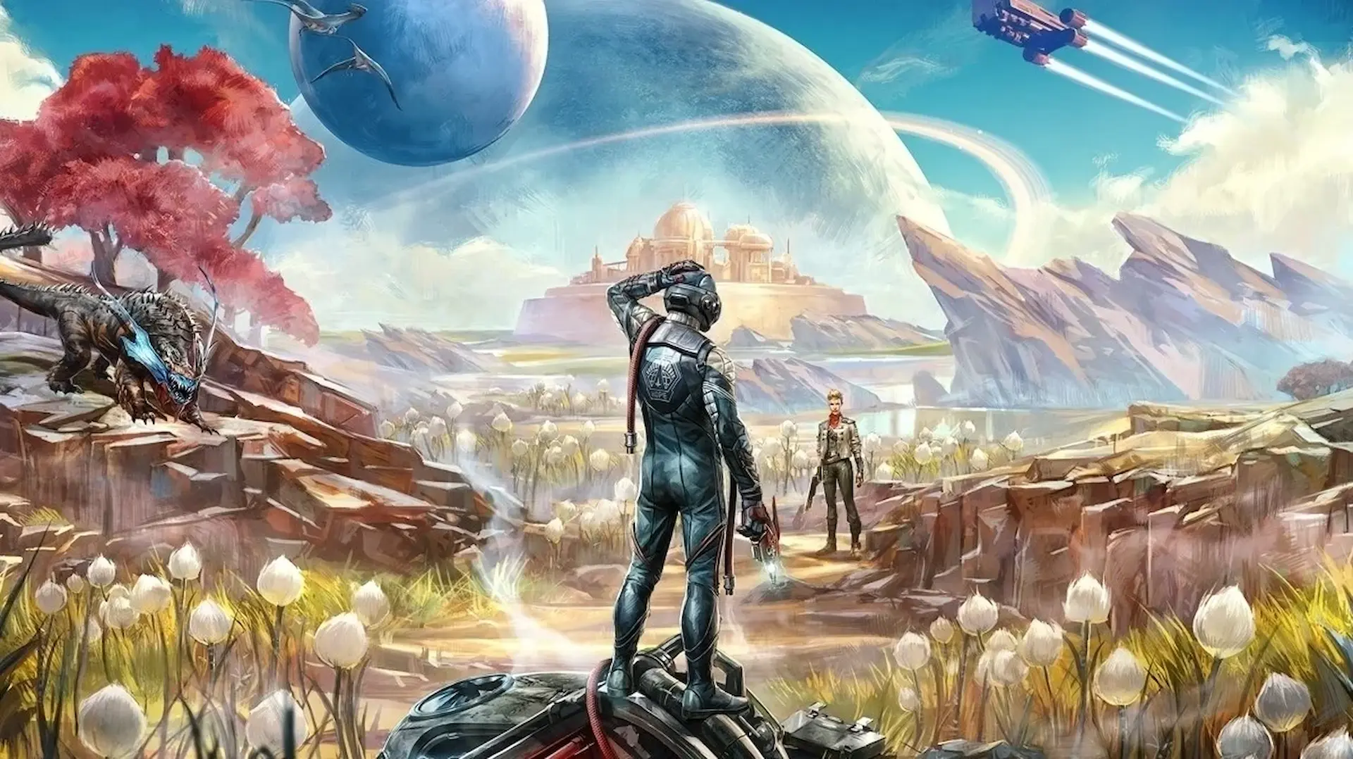 Explorador espacial de The Outer Worlds mira un vibrante horizonte alienígena con criaturas y planetas en el cielo.