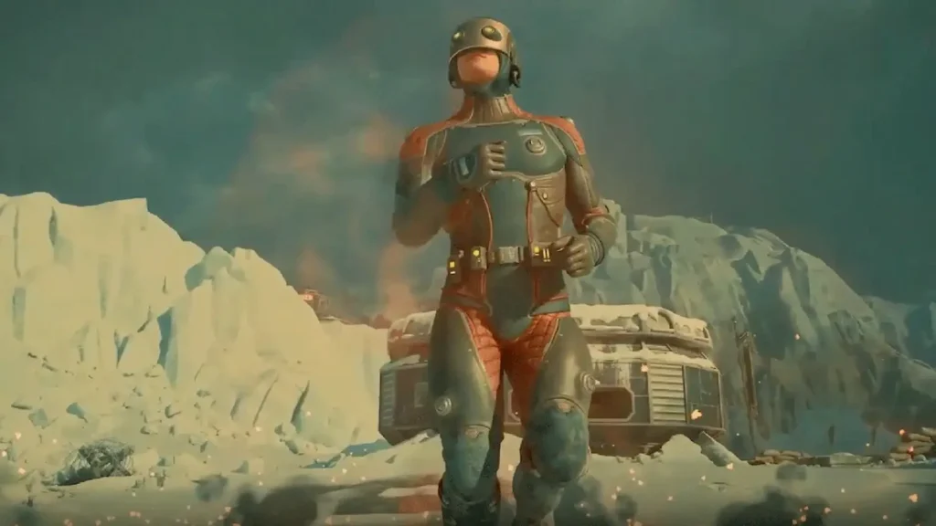 Personaje con armadura pesada corre a través de un paisaje nevado e industrial en una misión de The Outer Worlds.
