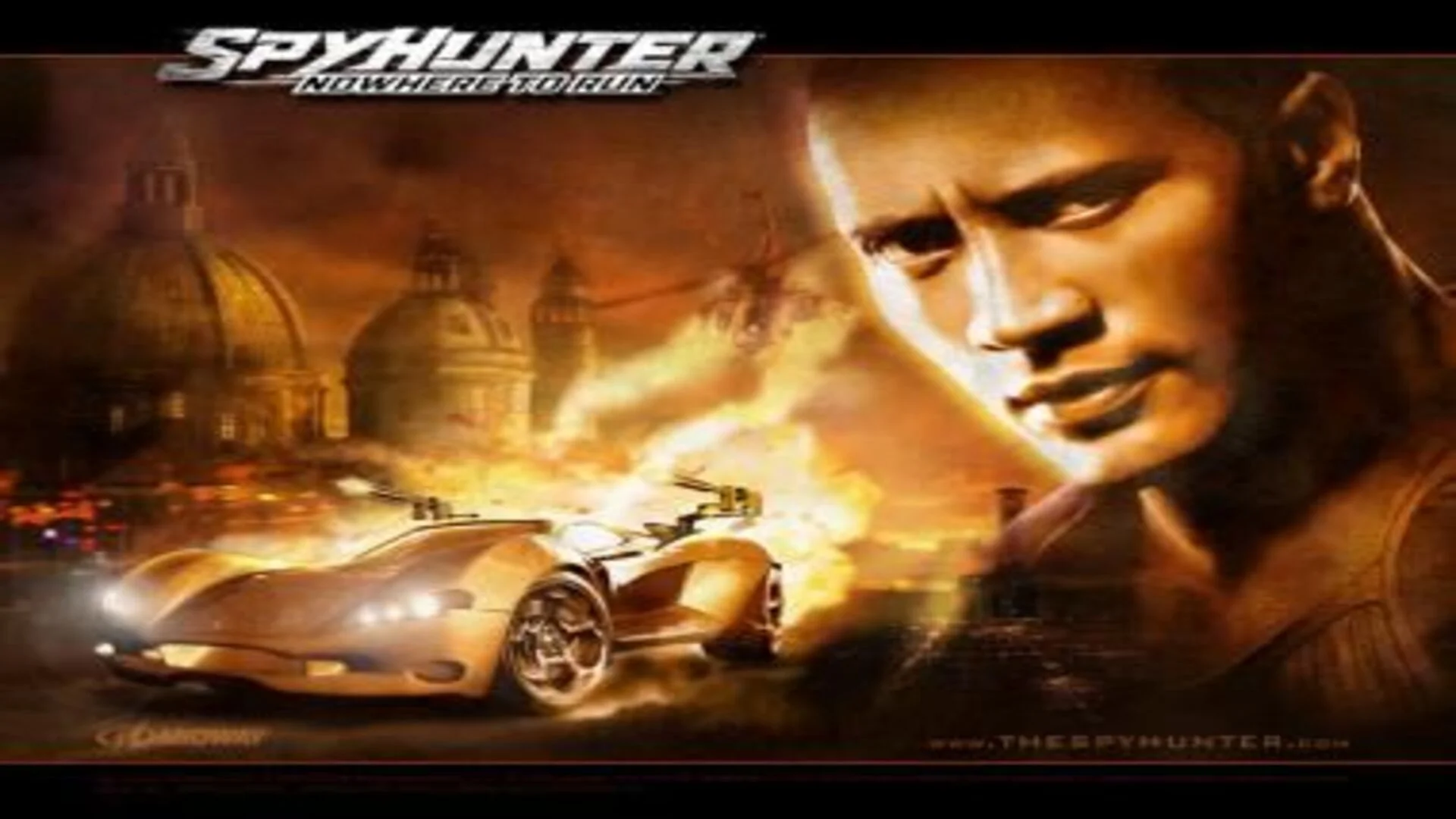 Portada Spy Hunter, con The Rock en un filtro marrón y un coche ardiendo de fondo.