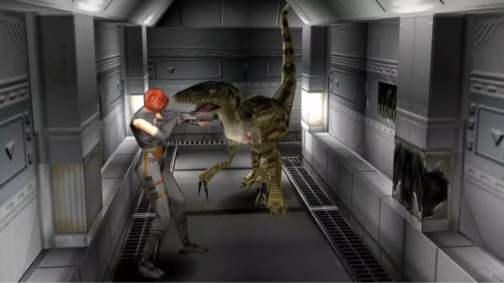 Regina apunta su arma a un velocirráptor en un pasillo metálico de Dino Crisis, pionero en los orígenes del terror en los videojuegos.