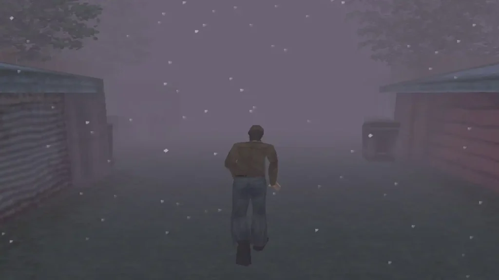 Protagonista corre entre la niebla espesa de Silent Hill, símbolo del miedo psicológico en los orígenes del terror en los videojuegos.