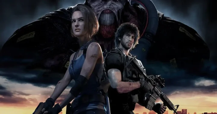 Jill y Carlos posan armados con Nemesis al fondo, bajo un cielo nocturno, en la portada del remake de Resident Evil 3.
