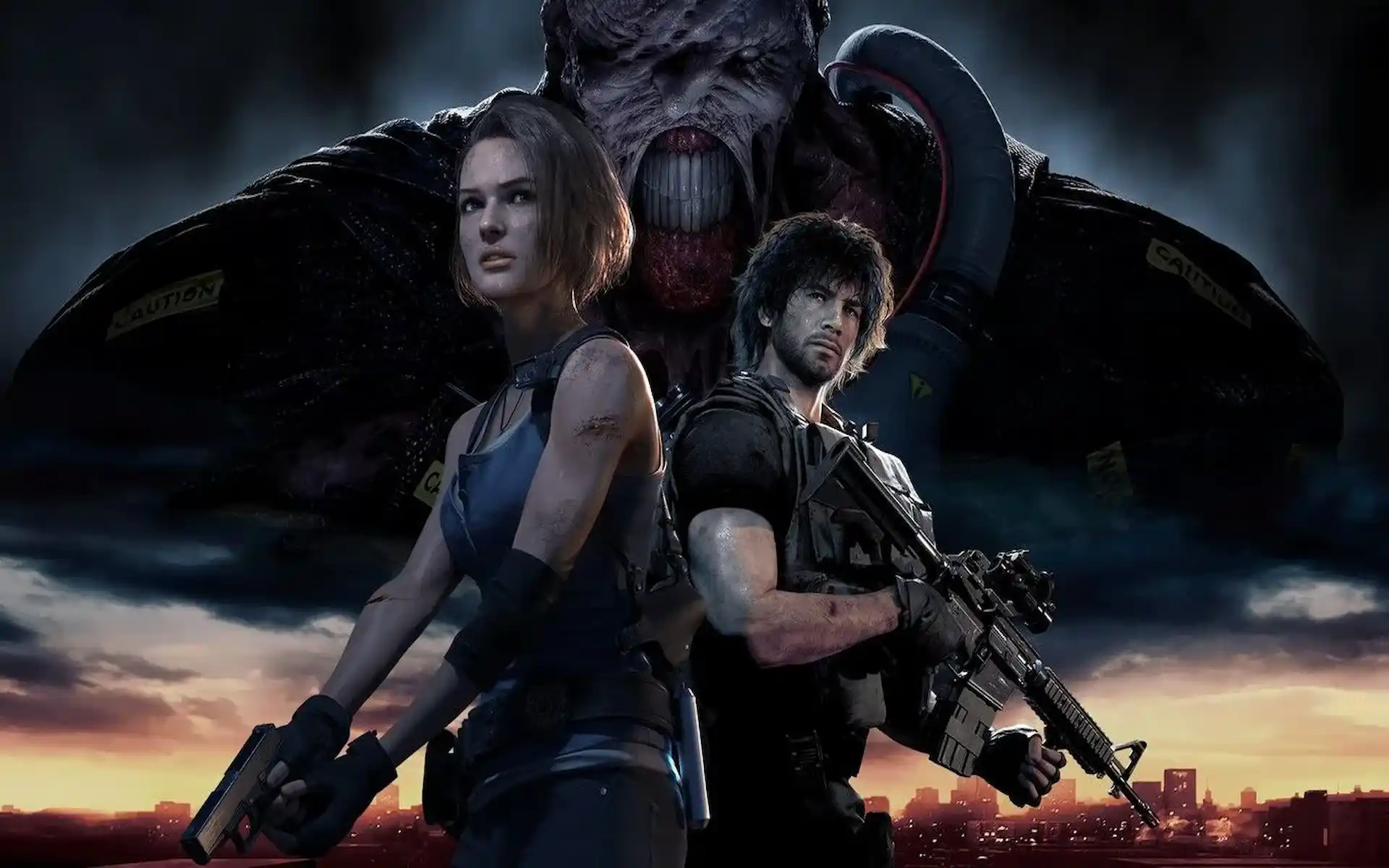 Jill y Carlos posan armados con Nemesis al fondo, bajo un cielo nocturno, en la portada del remake de Resident Evil 3.