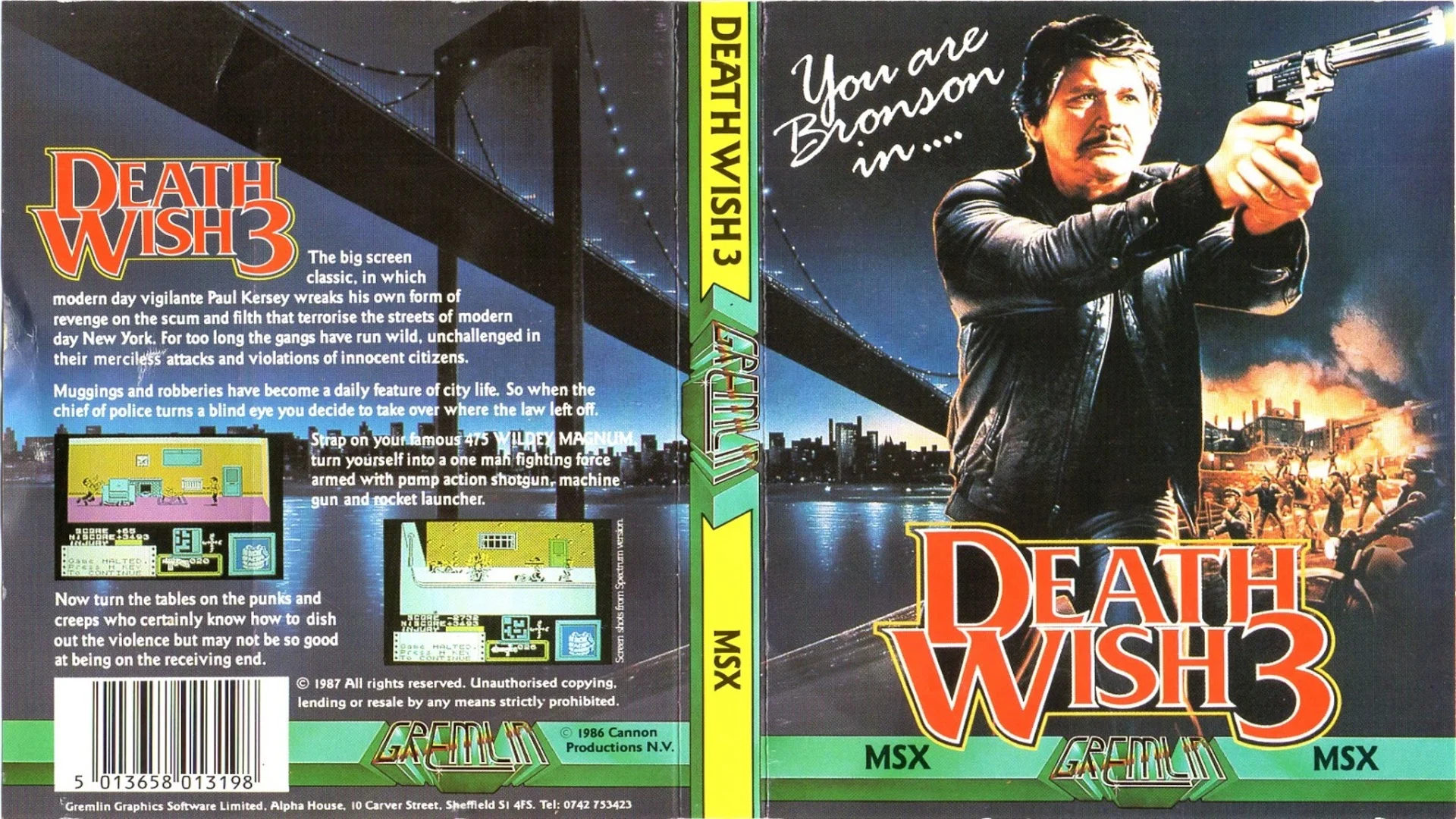 Portada del cartucho de Death Wish 3, con Charles Bronson sosteniendo una pistola.