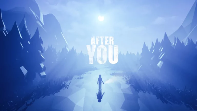 Portada de After You, con un personaje al fono de un paisaje azul con árboles y el logo del videojuego.