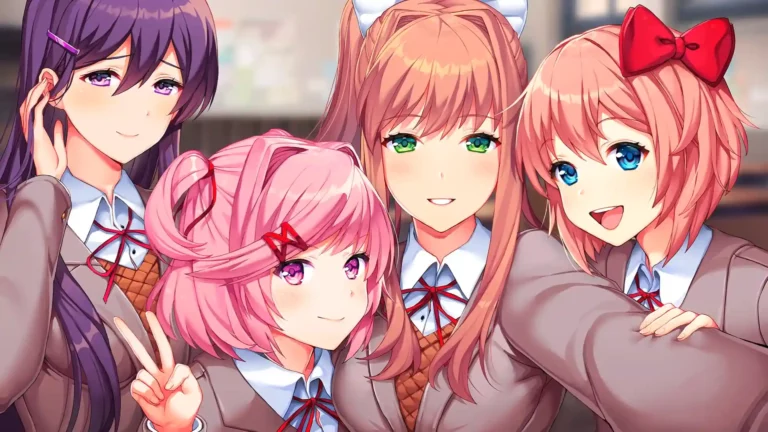 Varias chicas posando para el análisis de Doki Doki Literature Club plus.