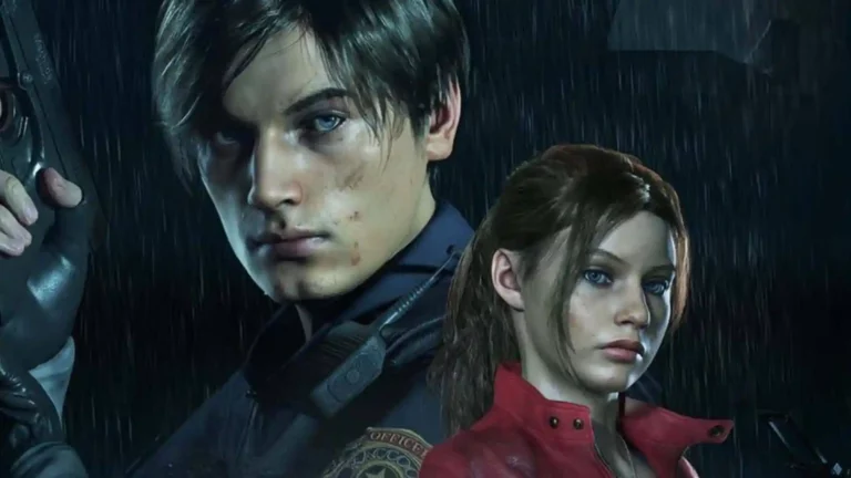 Un chico policia y una chica con chaqueta motera roja posando con armas de fuego bajo la lluvia para las impresiones del videojuego Resident Evil 2.