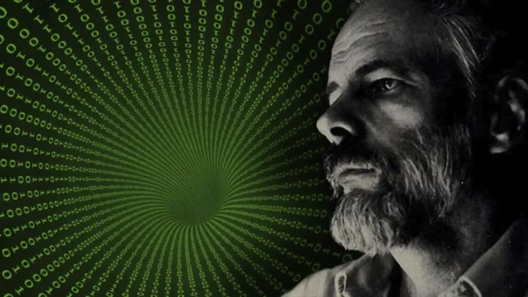 Philip K. Dick posando de perfil, en blanco y negro y sobre un agujero negro con rallas verdes.