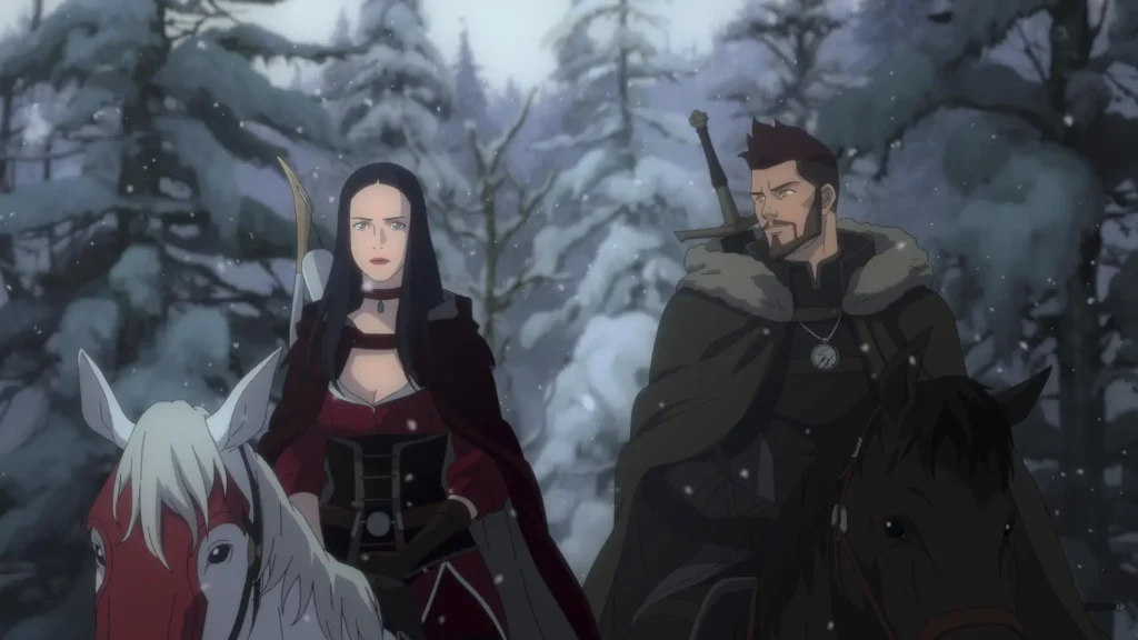 Vesemir y una hechicera cabalgan entre la nieve con gesto decidido en The Witcher: Nightmare of the Wolf.