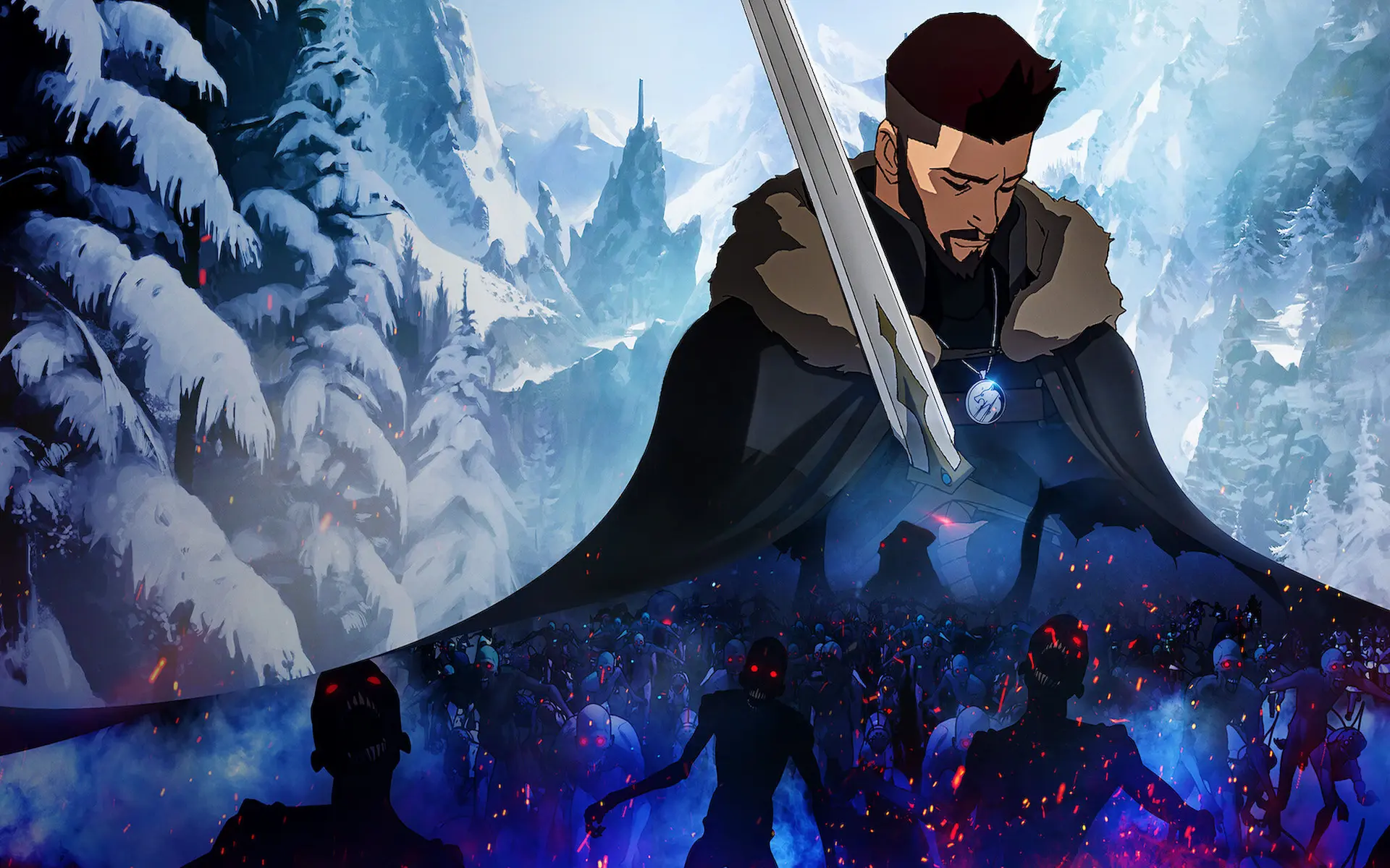 Vesemir empuña su espada sobre un ejército de monstruos con los ojos rojos en The Witcher: Nightmare of the Wolf.