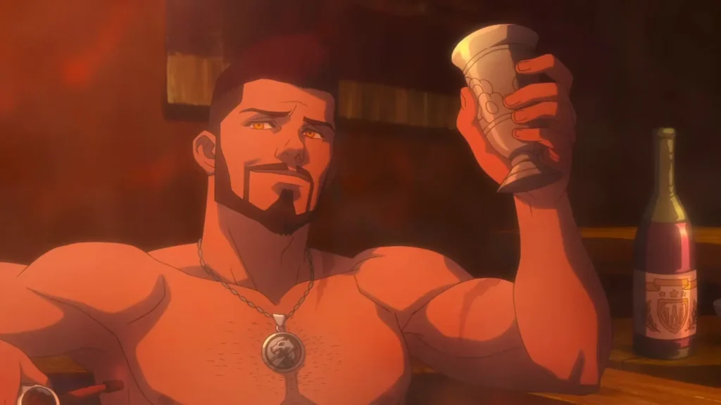 Vesemir brinda relajado en una bañera con una copa de vino y sonrisa confiada en The Witcher: Nightmare of the Wolf.