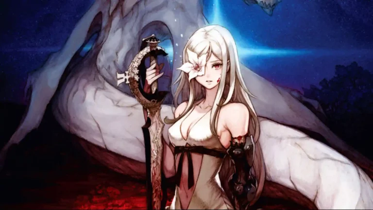 Una chica de pelo blanco, sentada junto a dragón blanco y su espada, formando la portada del análisis de Drakengard 3 para Orgullogamers.