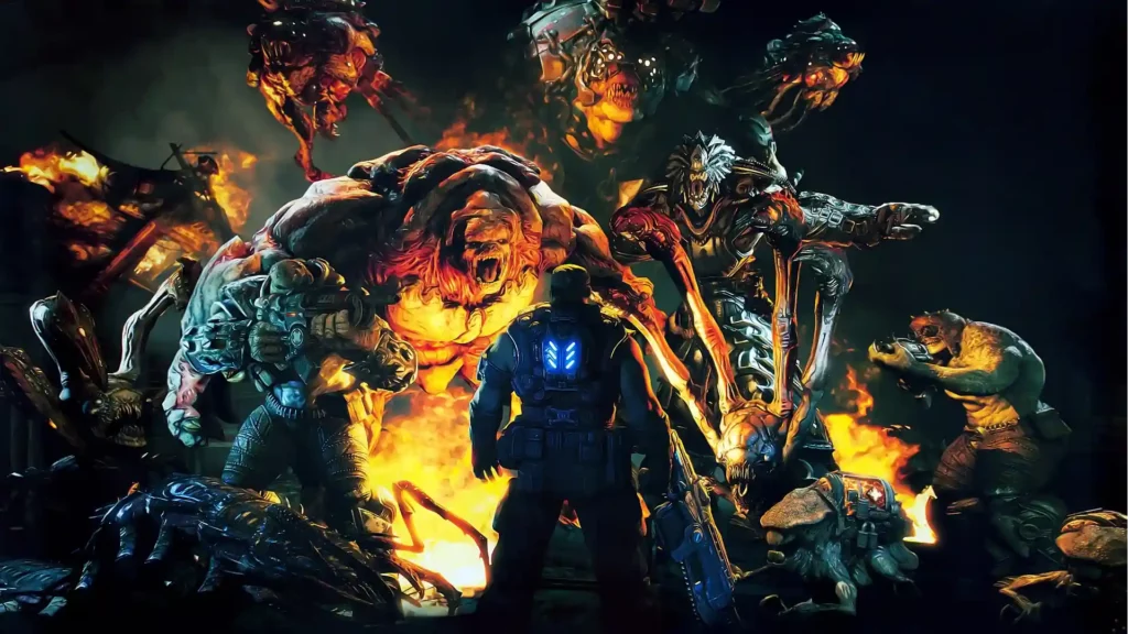 Marcus Phoenix dando la espalda a la cámara para encarar a una berserker, una retrosprectiva de Gears of War 3 genuina.