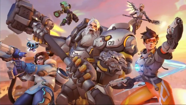 Reinhardt, Tracer, Mei, Lúcio y Mercy posan juntos en una imagen promocional del equipo de Overwatch.
