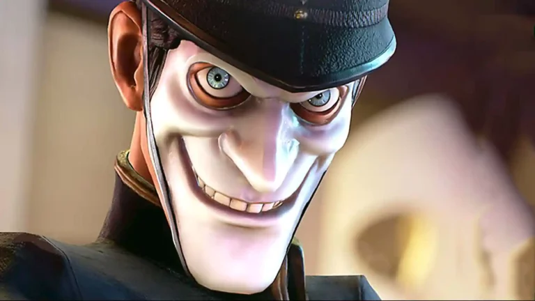 Un oficial, con una máscara blanca que exhibe una sonrisa malvada, siendo un enemigo del videojuego We Happy Few.
