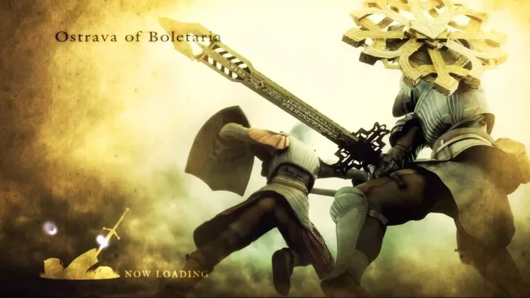 Un caballero, Ostrava de Boletaria, atacando a otro más grande en un fondo amarillo.