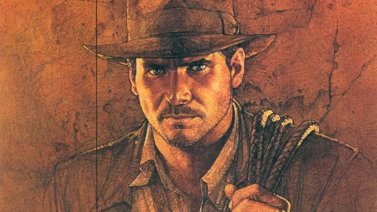 Rostro de Indiana Jones, sobre fondo marrón agrietado, sirviendo como portada para en busca del Arca Perdida.