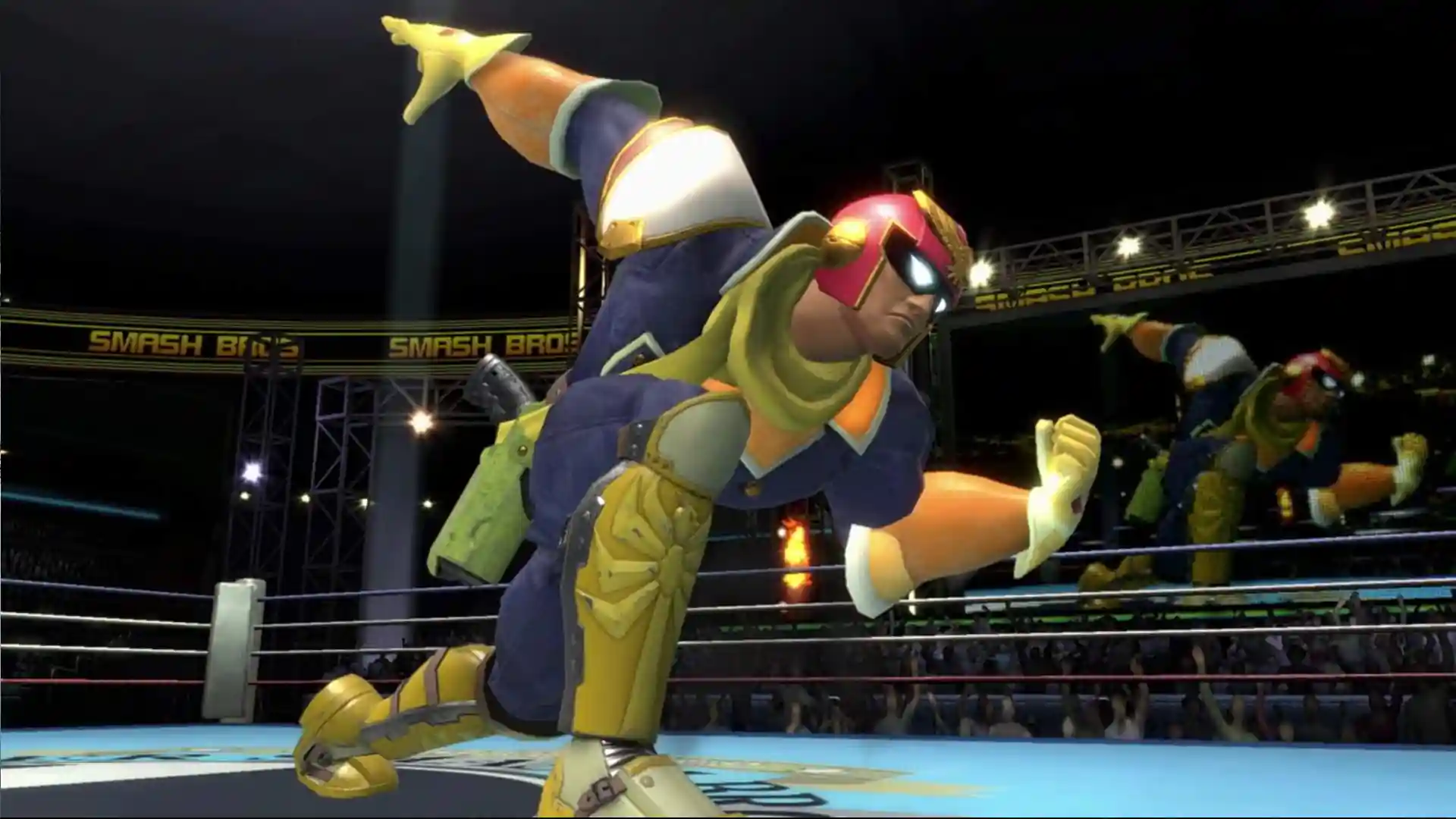 Captain Falcon ejecuta un ataque en el ring de Smash Bros., escenario icónico del metagame competitivo.