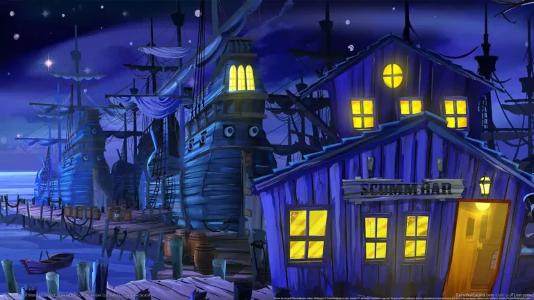 Una casa iluminada en la noche del videojuego Maniac Mansion, una aventura gráfica que se puede emular con Scumm para Android.