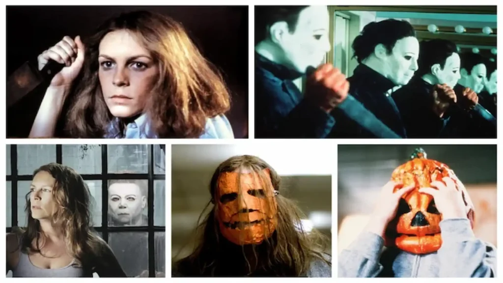 Secuencia de escenas clásicas de Laurie Strode y Michael Myers a lo largo de distintas entregas de la saga Halloween.