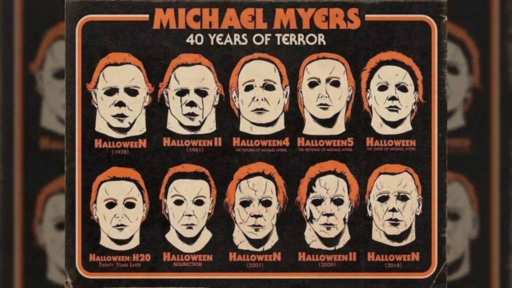 Evolución de la máscara de Michael Myers a lo largo de diez películas, bajo el lema “40 Years of Terror” de la saga Halloween.