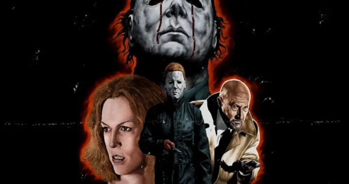 Composición artística de la saga Halloween con Michael Myers, Laurie Strode y el Dr. Loomis frente a un fondo oscuro y rojizo.