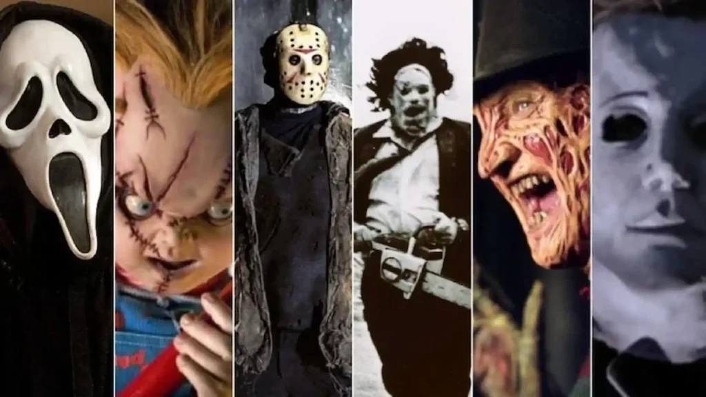 Galería de asesinos icónicos del cine de terror, con Myers entre Ghostface, Chucky, Jason y Freddy Krueger.