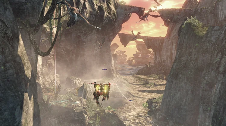 Xenoblade Chronicles X y las historias que esconde su mundo salvaje 2 Xenoblade Chronicles X nos muestra un atardecer donde un robot gigante "Skell" se desplaza volando entre cavernas y montañas. En Xenoblade X veremos esta zona con mejor resolución.