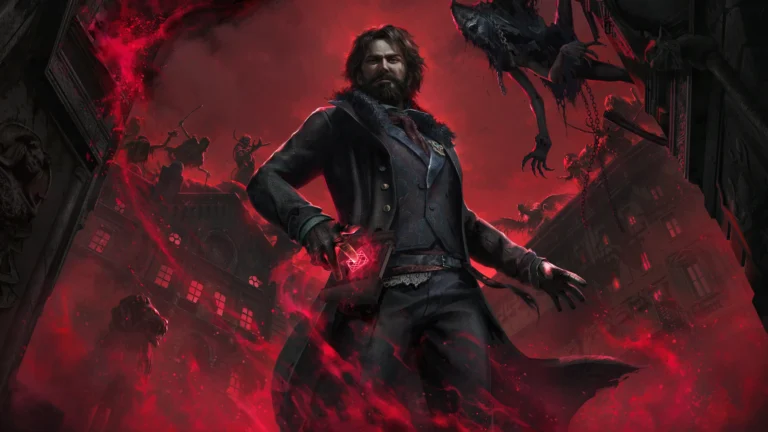 Un hombre vestido de negro en The Thaumaturge rodeado de una bruma roja conjurando algún tipo de hechizo.