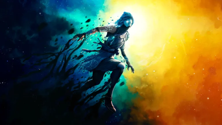 Protagonista de Ereban: Shadow Legacy emerge entre luz y oscuridad mientras su cuerpo se disuelve en sombras.