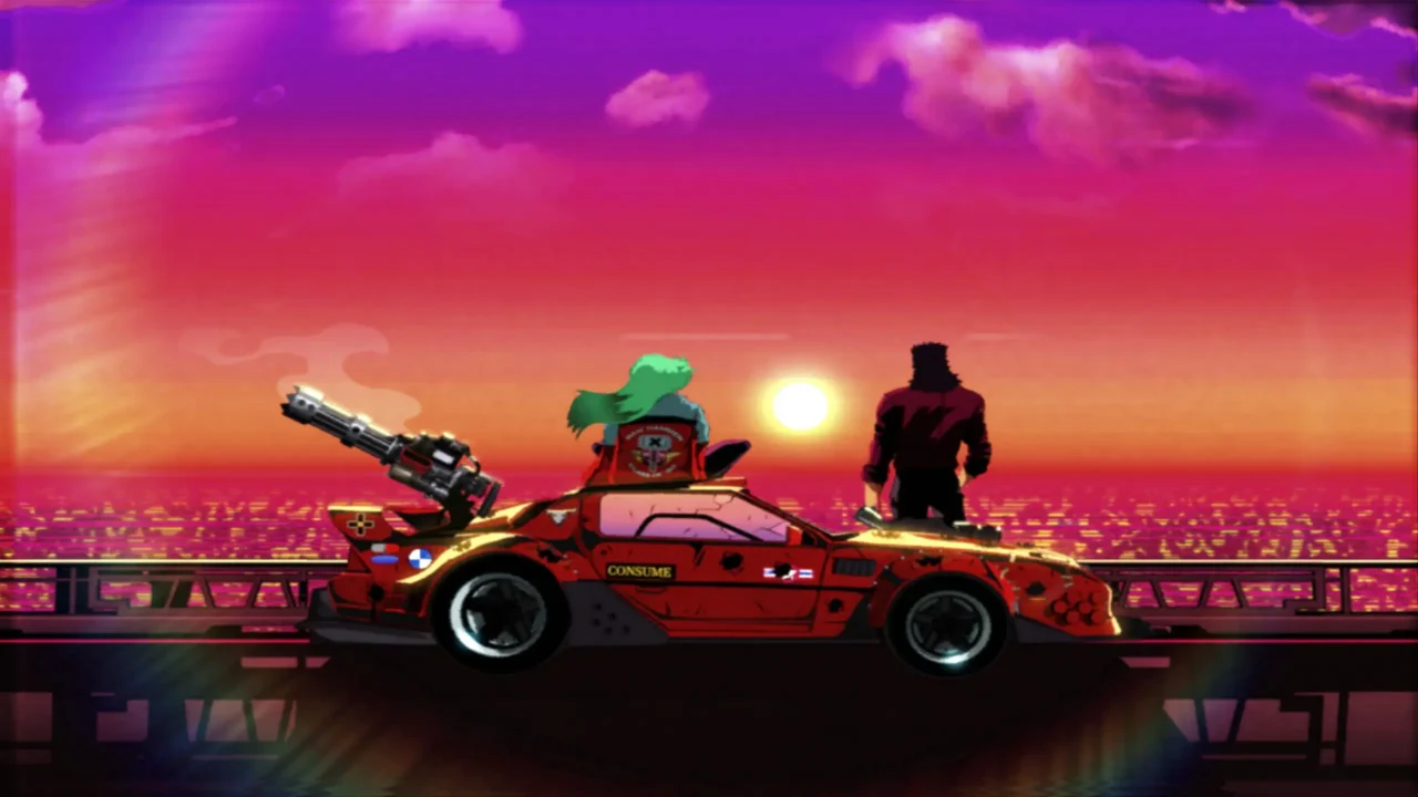 Dos personajes contemplan el atardecer junto a un coche rojo armado con una ametralladora.