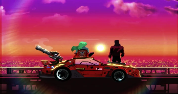 Dos personajes contemplan el atardecer junto a un coche rojo armado con una ametralladora.