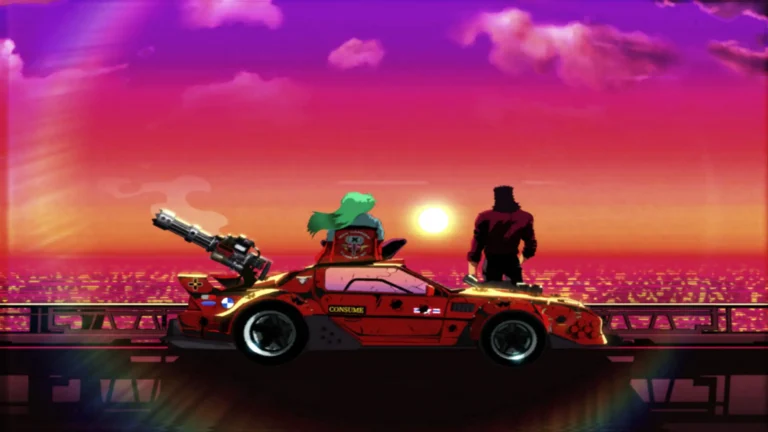 Dos personajes contemplan el atardecer junto a un coche rojo armado con una ametralladora.