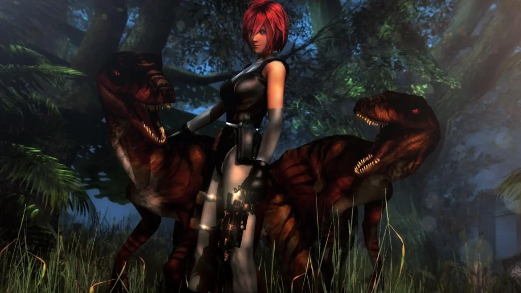 Dino Crisis 2 PC. Arte 3D hecho por un usuario mostrando a Regina junto a dos velociraptores.