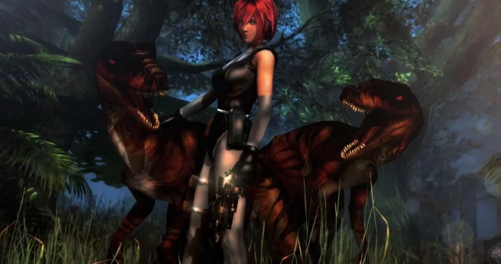 Dino Crisis 2 PC. Arte 3D hecho por un usuario mostrando a Regina junto a dos velociraptores.