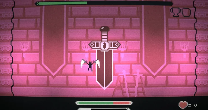 Un enemigo a destacar en el análisis de Nimbusfall. Se trata de una espada gigante. Predominan colores rosados.