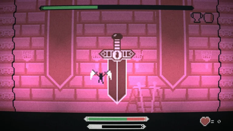 Un enemigo a destacar en el análisis de Nimbusfall. Se trata de una espada gigante. Predominan colores rosados.