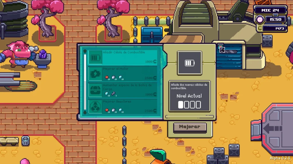 Un menú desplegable del juego Farlands con las mejoras para la nave espacial.