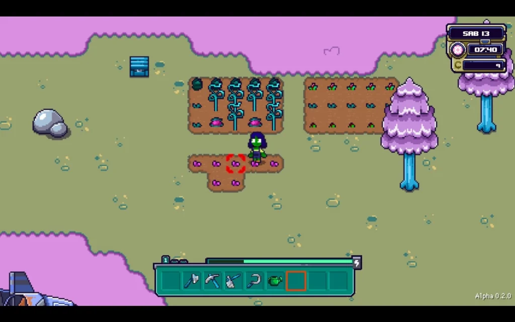 El personaje de Farlands rodeado de pequeñas tierras de cultivo. El planeta tiene tonalidades rosadas, con árboles con hojas de dicho color.