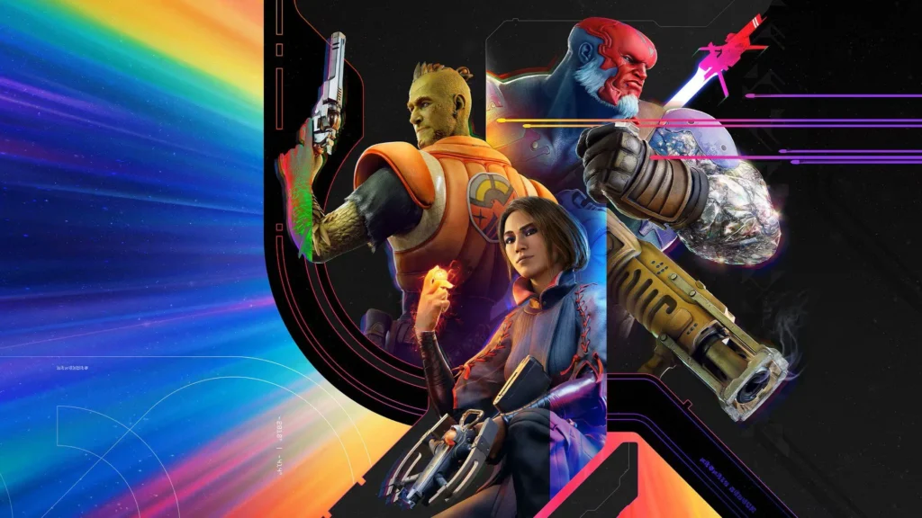 El trágico y glorioso mes de Sony. PlayStation, espabila y date cuenta 2 Wallpaper del juego Concord para PlayStation 5, con personajes variados y acción épica en un fondo multicolor.